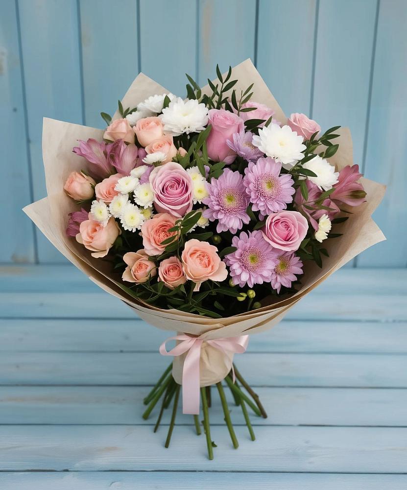 Букет цветов из: Хризантемы, Розы и Альстромерии в Родине