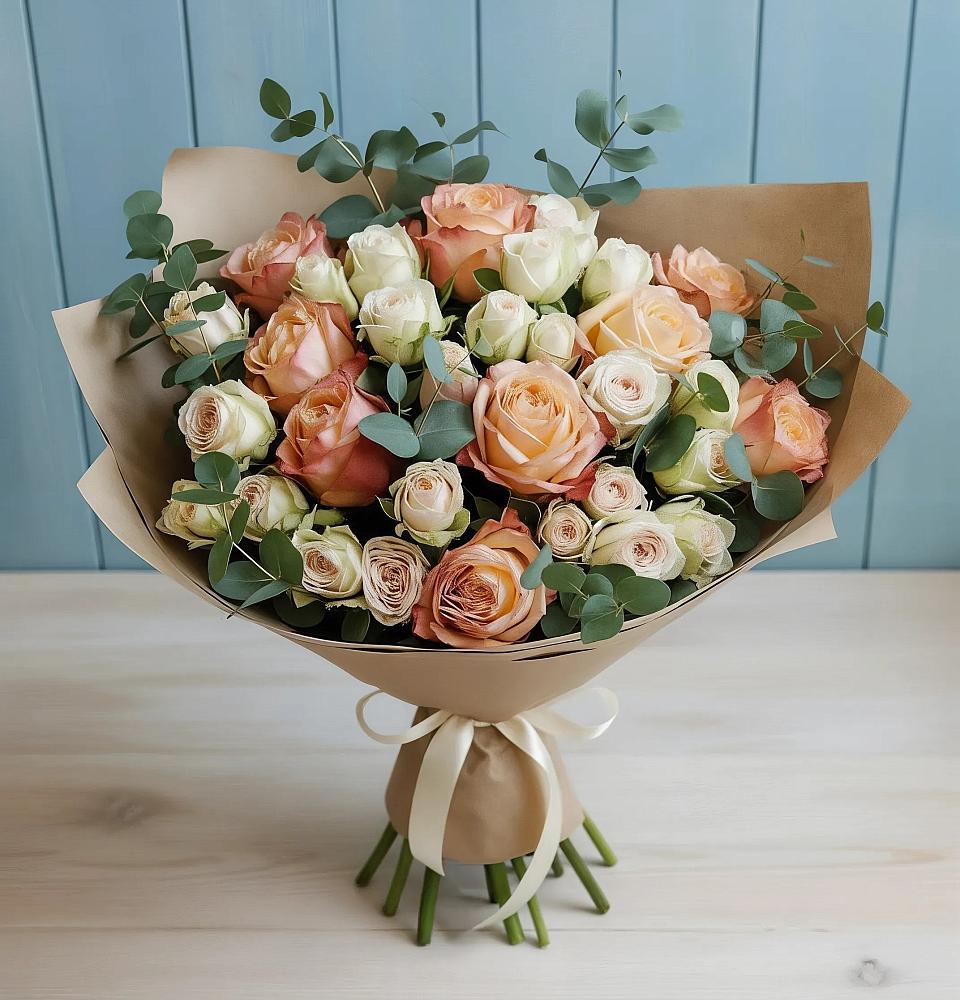 Букет цветов из: Альстромерии и Розы в Родине