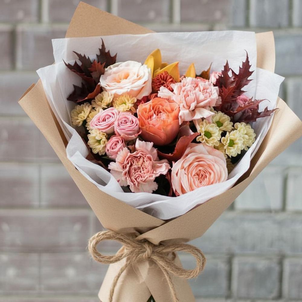 Букет цветов из: Гвоздики, Хризантемы и Розы в Родине