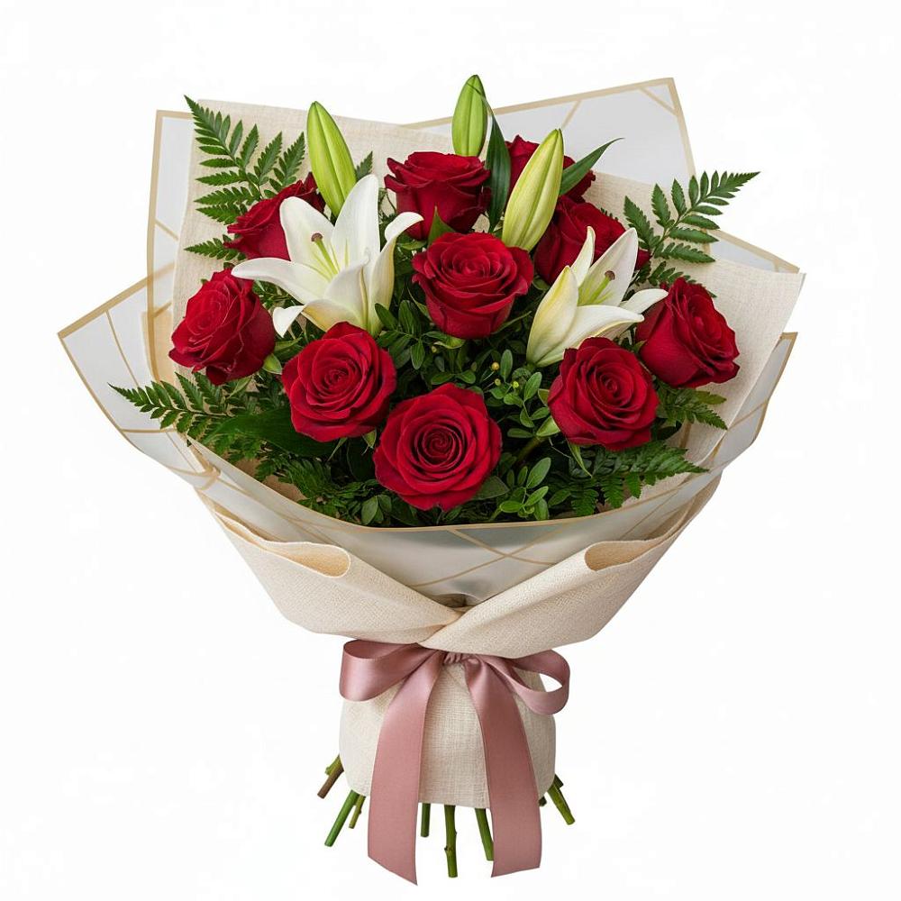 Букет цветов из: Лилии и Розы в Родине