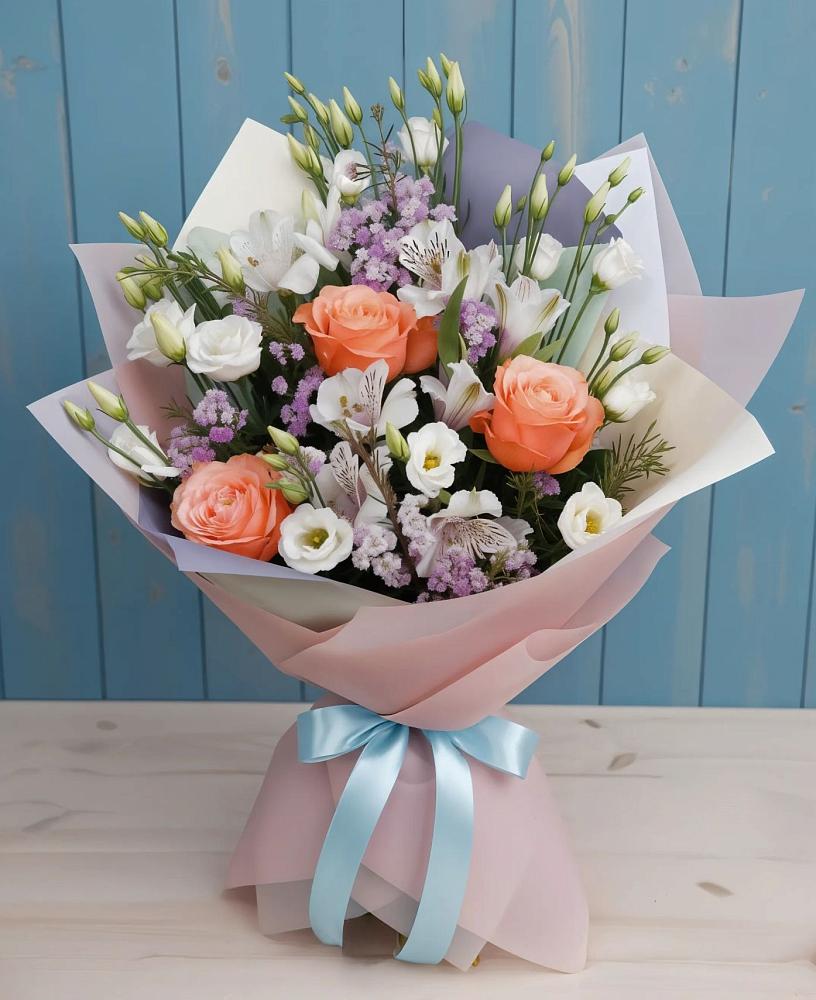 Букет цветов из: Лизиантусы, Розы, Альстромерии и Гипсофила в Родине