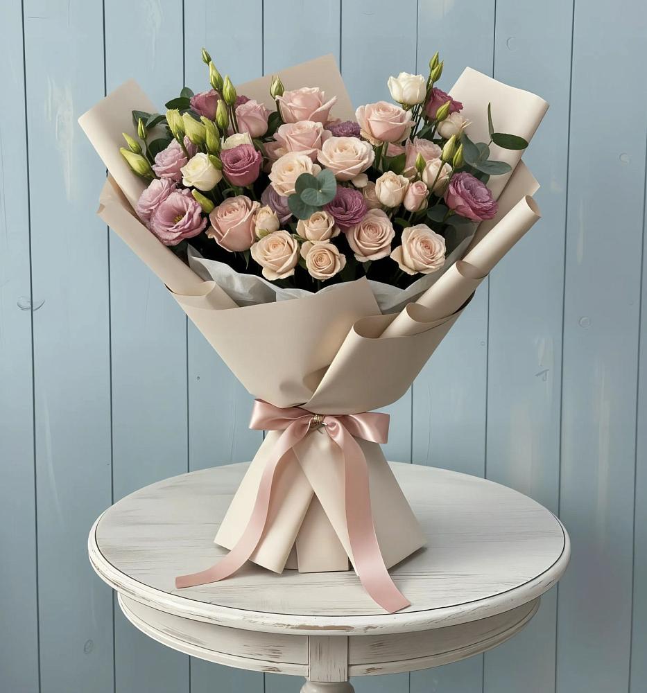 Букет цветов из: Розы и Лизиантусы в Родине