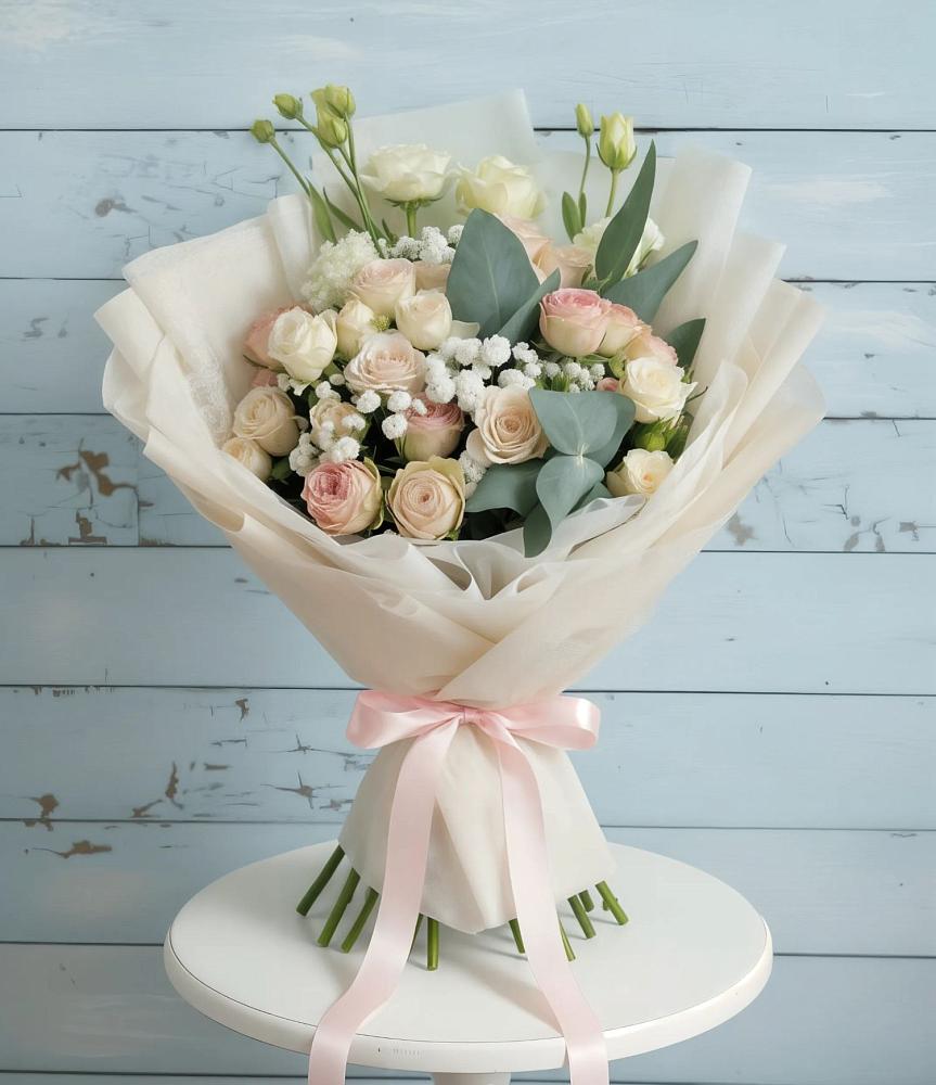 Букет цветов из: Розы и Лизиантусы в Родине