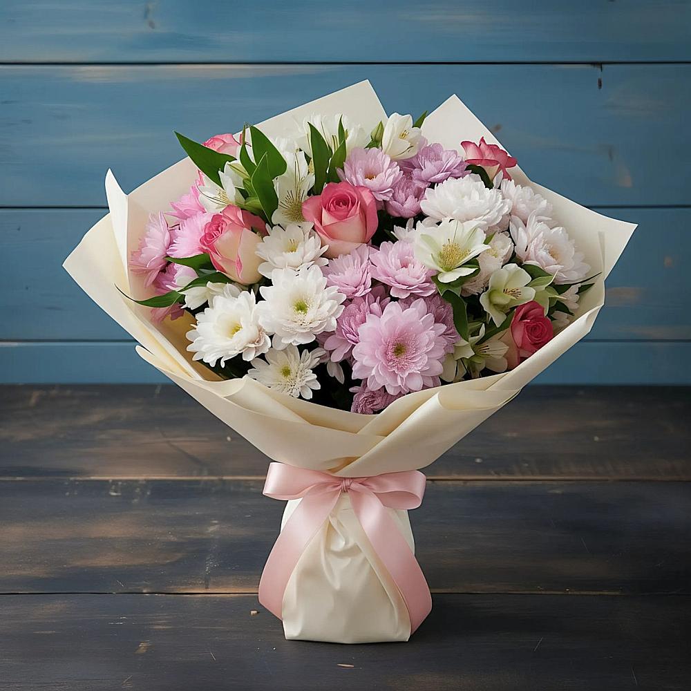 Букет цветов из: Хризантемы, Альстромерии и Розы в Родине